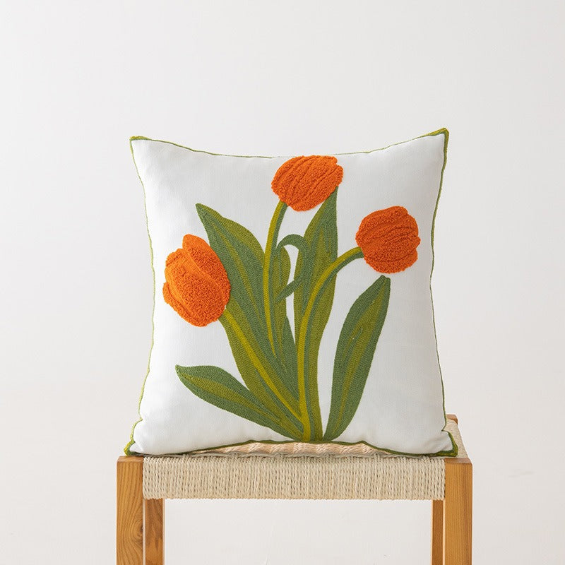 Embroidered Floral Cotton-Linen Square Throw Pillow Cover with Hidden Zipper and Textured Appliqué