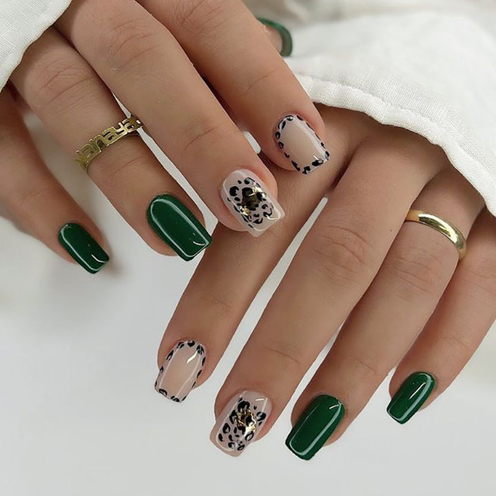 Artful nail art with tasteful green and leopard accents Kalsten