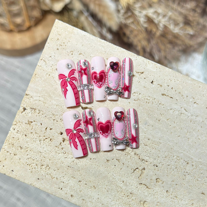 Artistic Press-On Nail Set with Playful Heart and Palm Designs Kalsten