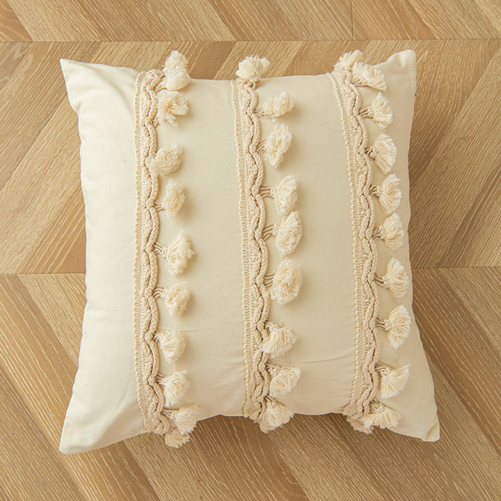 Decorative Tassel-Trim Square Throw Pillow with Pom-Pom Rows and Braided Cotton Accents