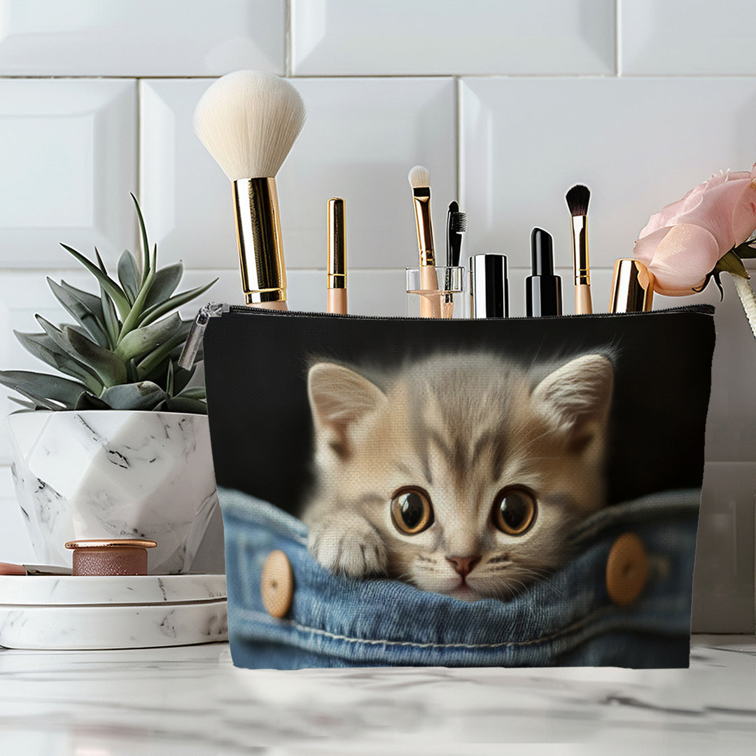 Embroidered Owl Textured Makeup Pouch With Zipper And Water-Resistant Lining