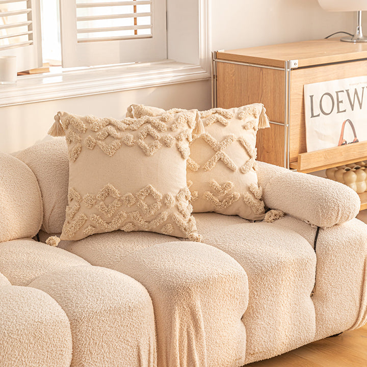 Textured Tufted Boho Shag Accent Throw Pillow with Tasseled Corners and Removable Cover