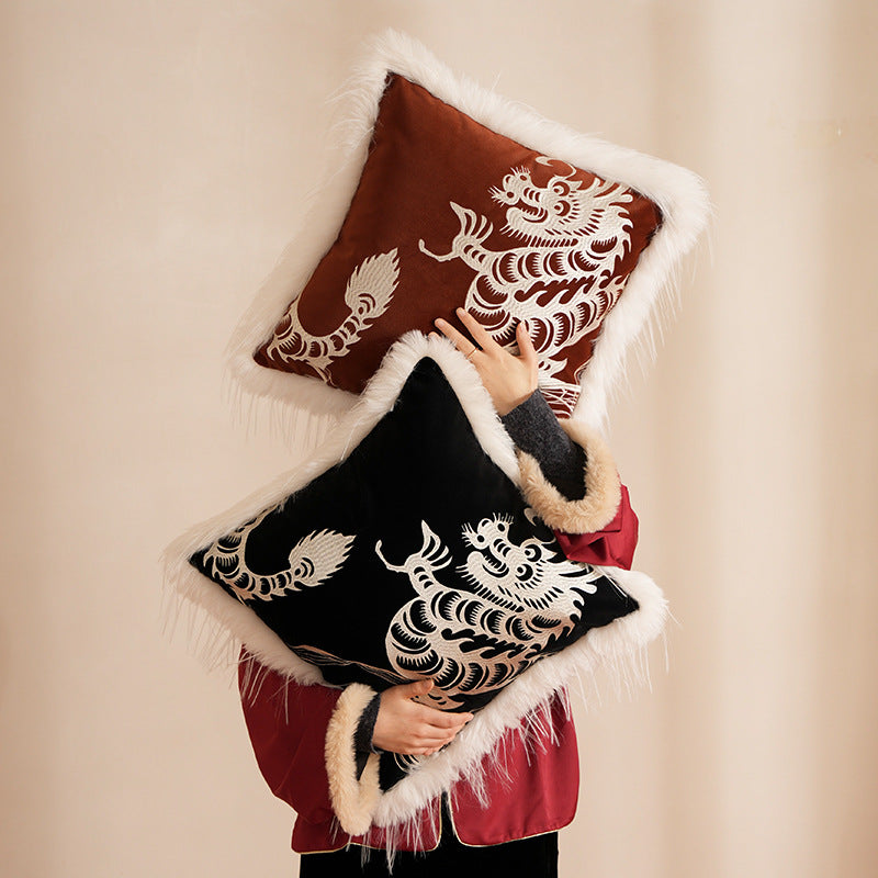 Square velvet decorative pillow with embroidered dragon motif and faux fur trim