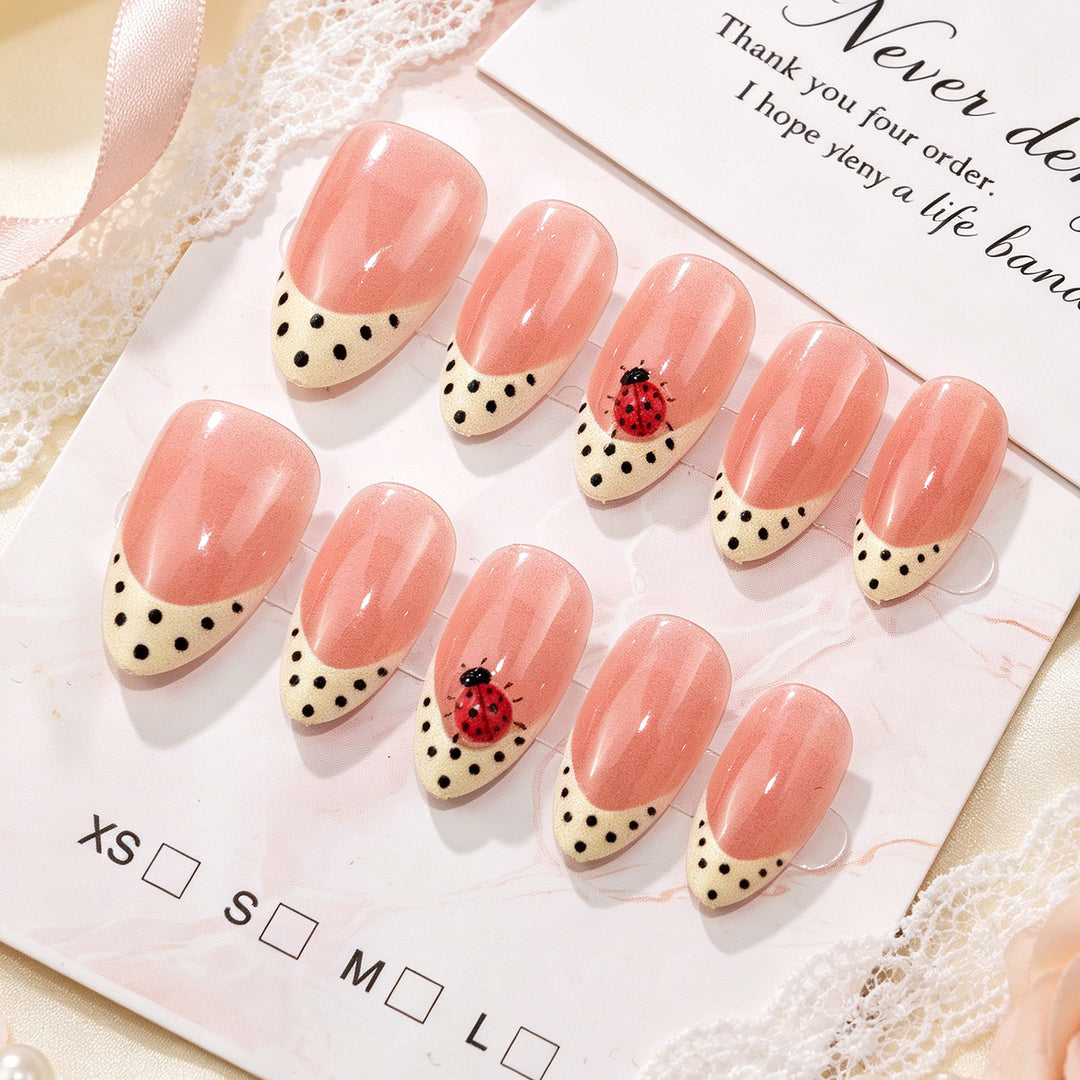 Artistic Press-On Nail Set with Ladybug and Polka Dot Design Kalsten