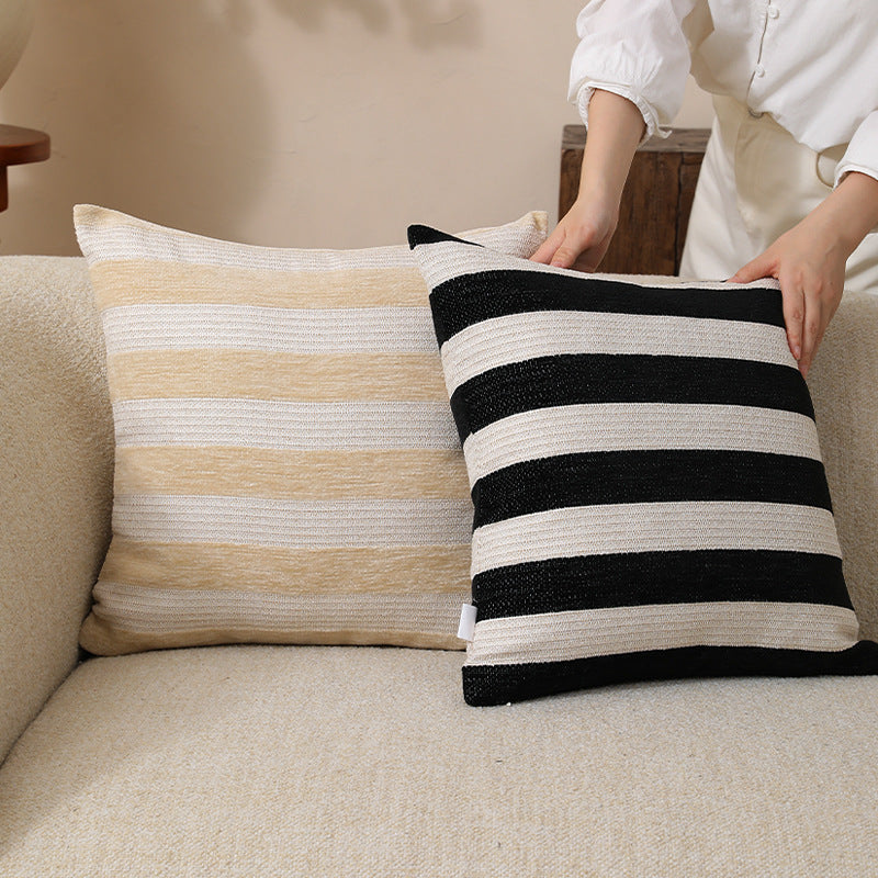 Square cushion cover made of woven cotton blend with fine stripe structure and concealed zipper