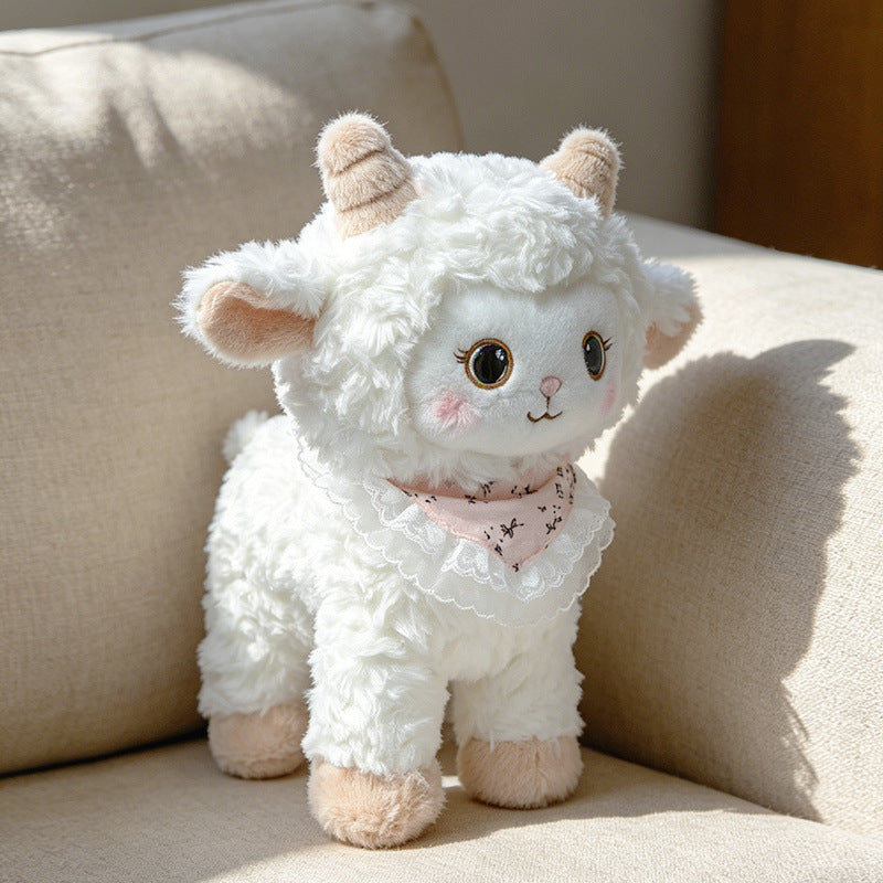 Curled-Horn Ram Plush Collectible with Embroidered Face, Bow Collar & Soft Faux Fur Kalsten