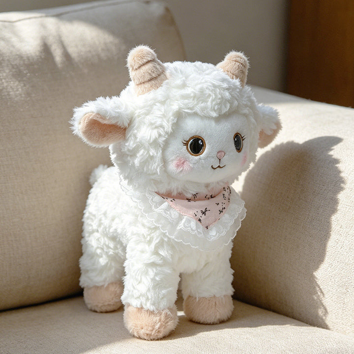 Curled-Horn Ram Plush Collectible with Embroidered Face, Bow Collar & Soft Faux Fur Kalsten