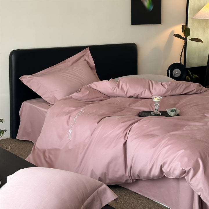 Modern cotton satin bed linen set with embroidered logo, extra soft hotel finish and zipper