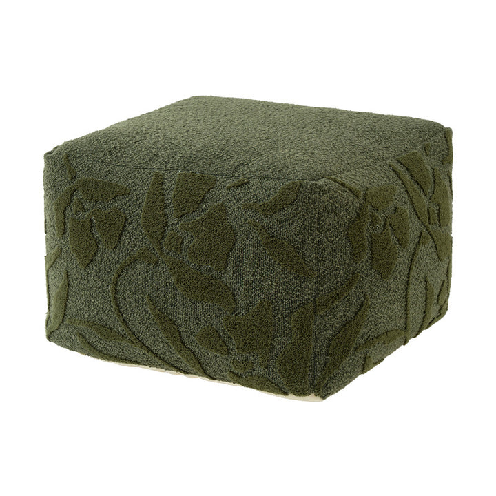 Square floor sitting pouf with textured bouclé surface and floral relief