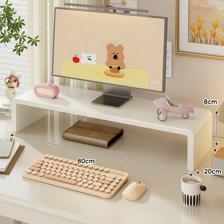 Wide Solid Wood Curved Desktop Monitor Stand Riser with Under-Shelf Storage