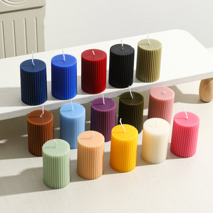 Ribbed Column Pillar Candle with Glass Pedestal Holder
