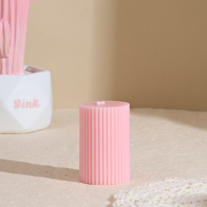 Ribbed Column Pillar Candle with Glass Pedestal Holder