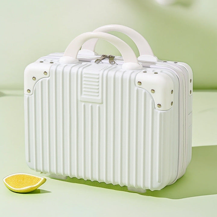 structured hard-shell vanity travel case with faux-leather corner reinforcements and dual top handles Kalsten