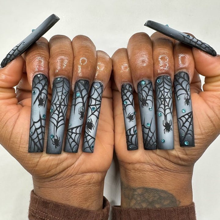 Halloween-Themed Stiletto Press-On Nails with Spider Web Design Kalsten