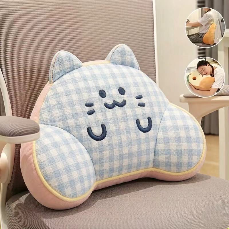 Ergonomic plush back support pillow with cat design and side armrests