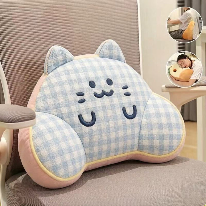 Ergonomic plush back support pillow with cat design and side armrests