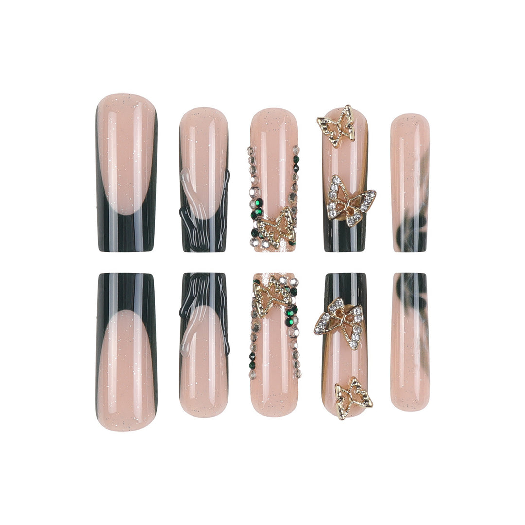 Decorative Long Press-On Nail Set with Gem Accents Kalsten
