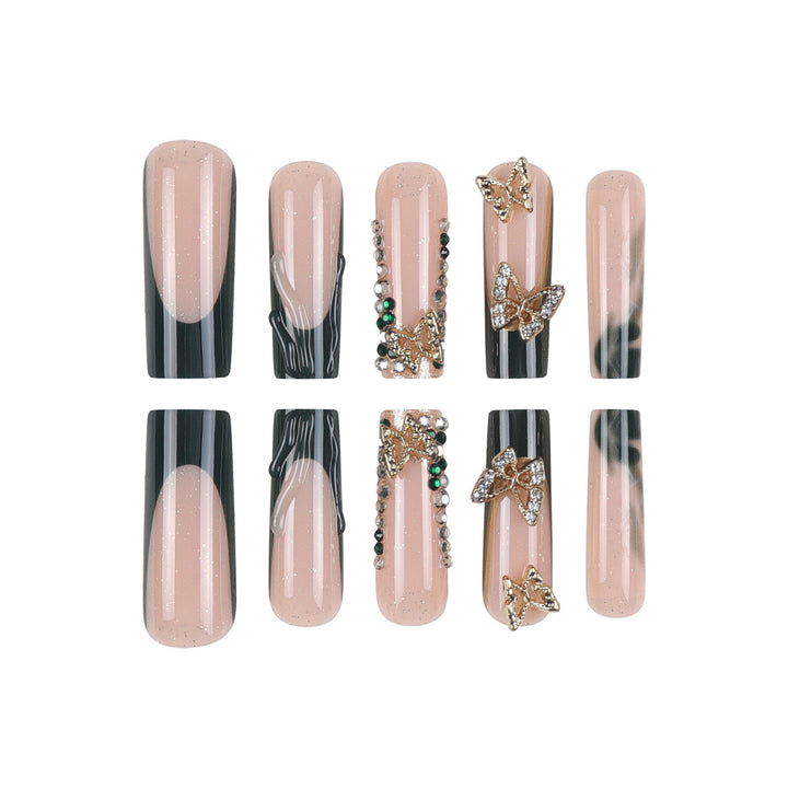 Decorative Long Press-On Nail Set with Gem Accents Kalsten