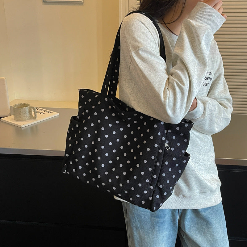 Spacious Polka Dot Canvas Tote Bag