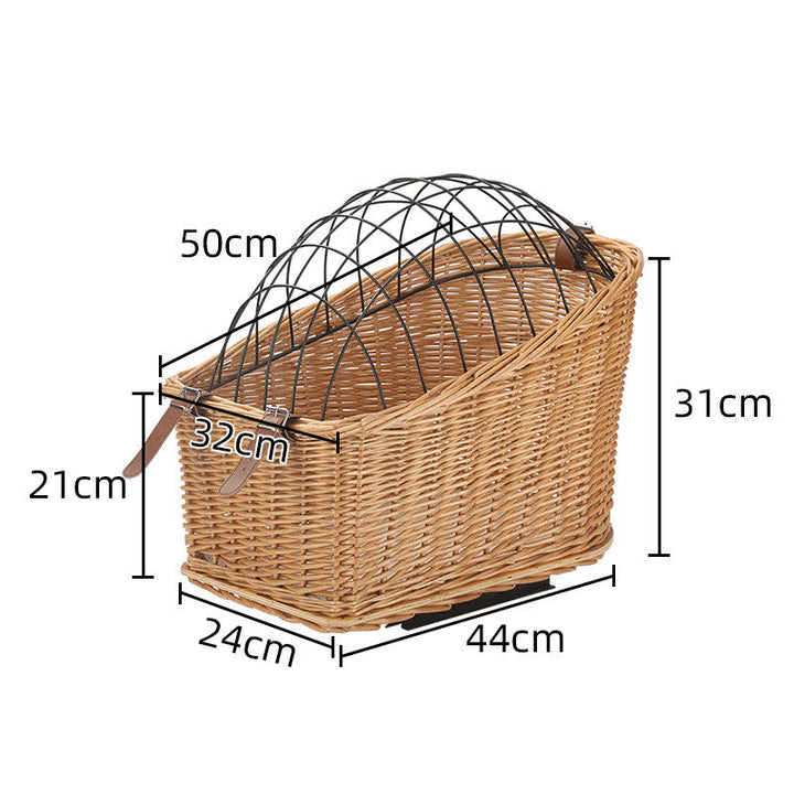 front-mount wicker bicycle pet carrier basket with foldable metal safety dome and adjustable leather buckle straps Kalsten