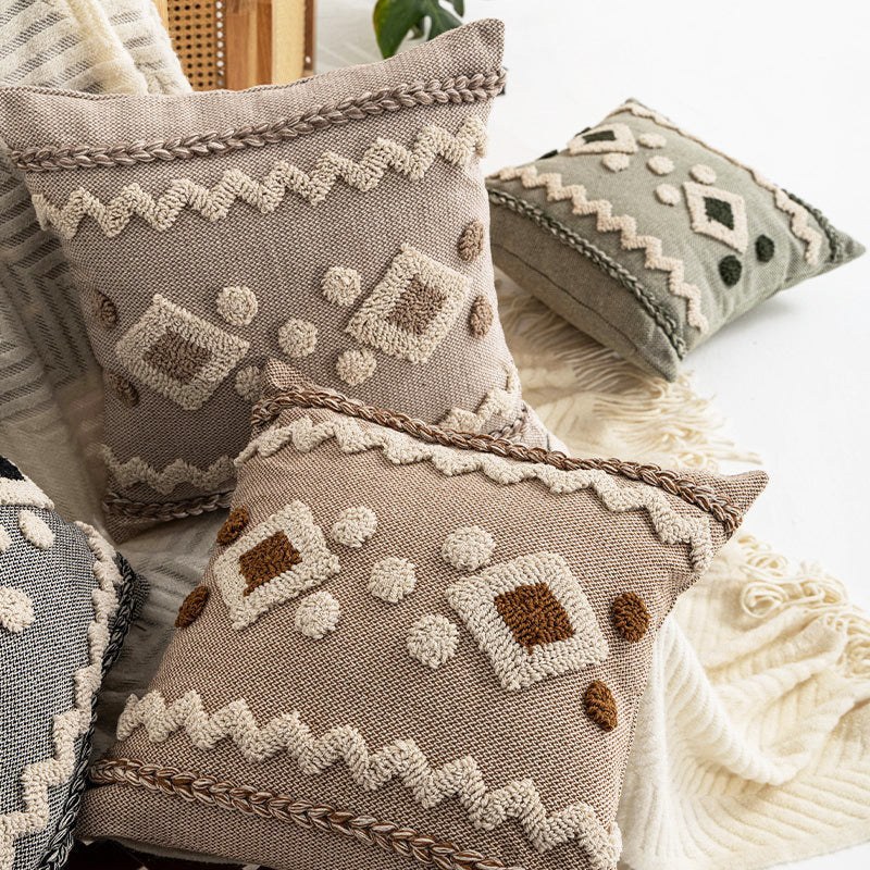 Textured Boho Geometric Tufted Throw Pillow with Braided Edge and Removable Zip Cover