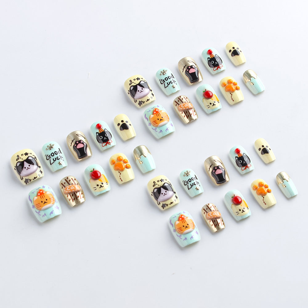 Whimsical Cat-Themed Press-On Nail Art Kalsten