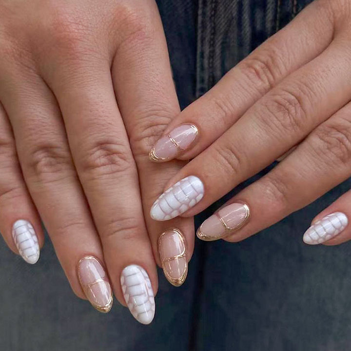 Elegant Press-On Nail Art Set with Gold Accents
