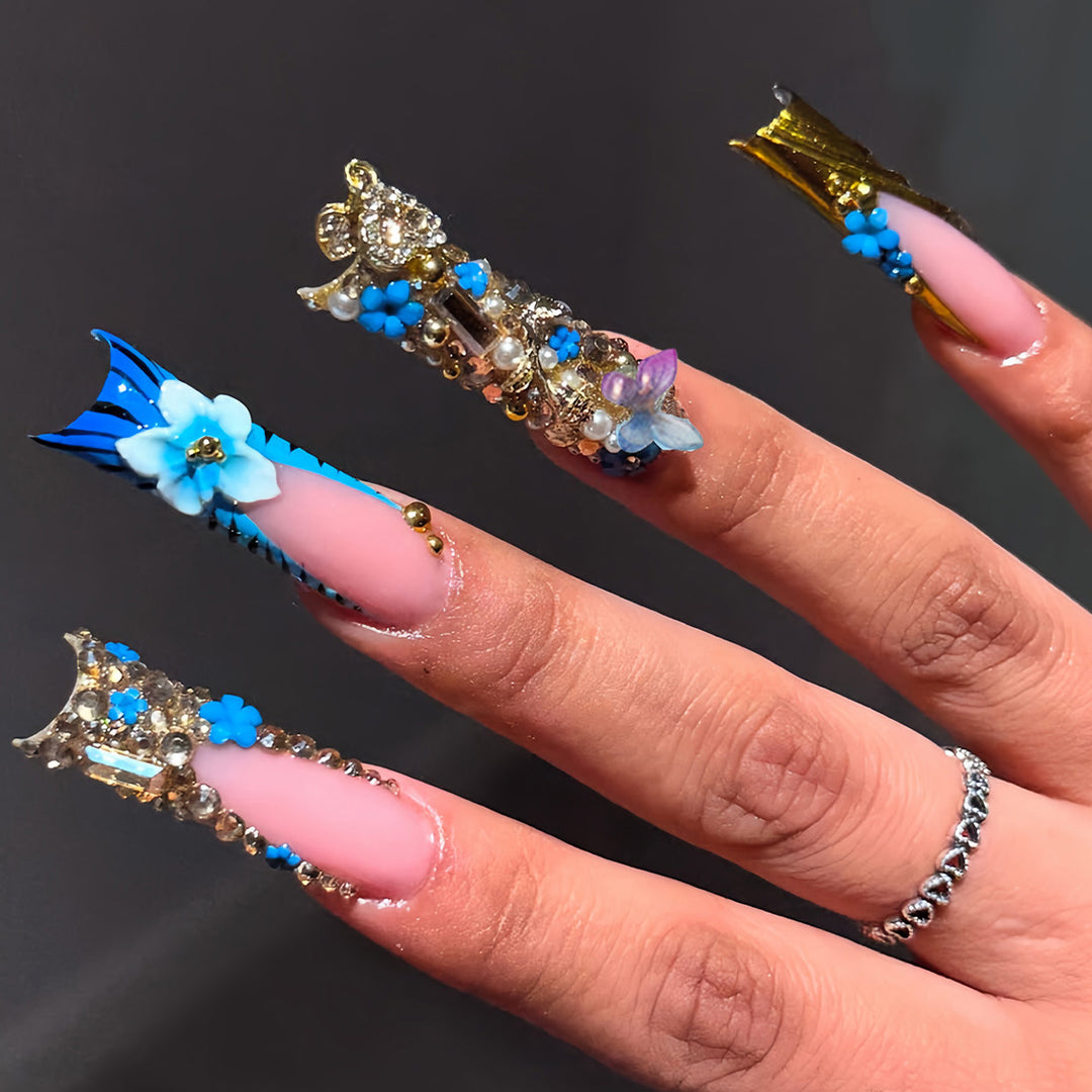 Artistic 3D Decorative Press-On Nails with Gemstone Accents Kalsten