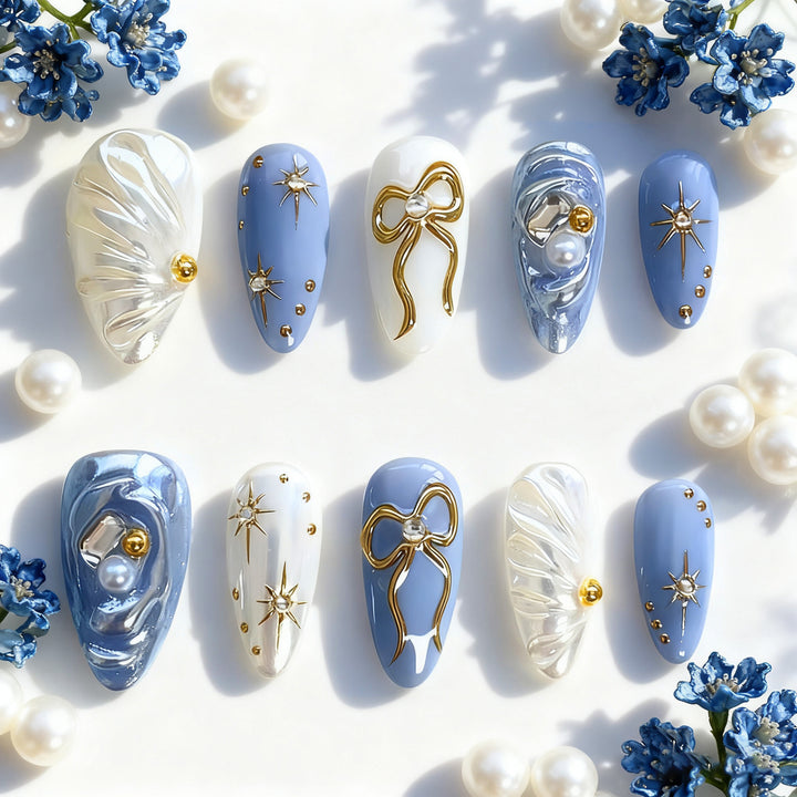 Artistic Press-On Nail Art Set with Gold and Pearl Accents Kalsten
