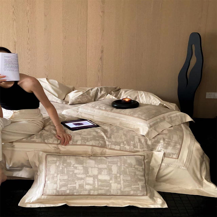 Premium bed set made of heavy cotton satin with woven mosaic relief and double stitched hem