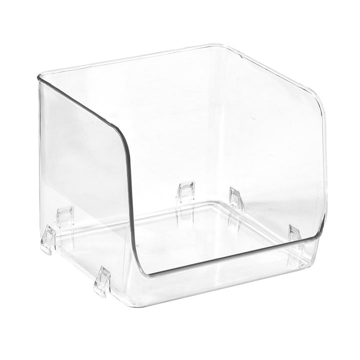 Transparent storage box with front opening, ribbed structure and integrated grip openings