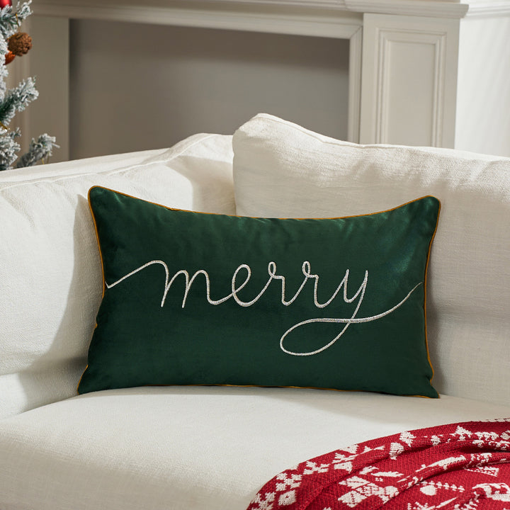 Decorative Holiday Throw Pillow with Gold Script Embroidery