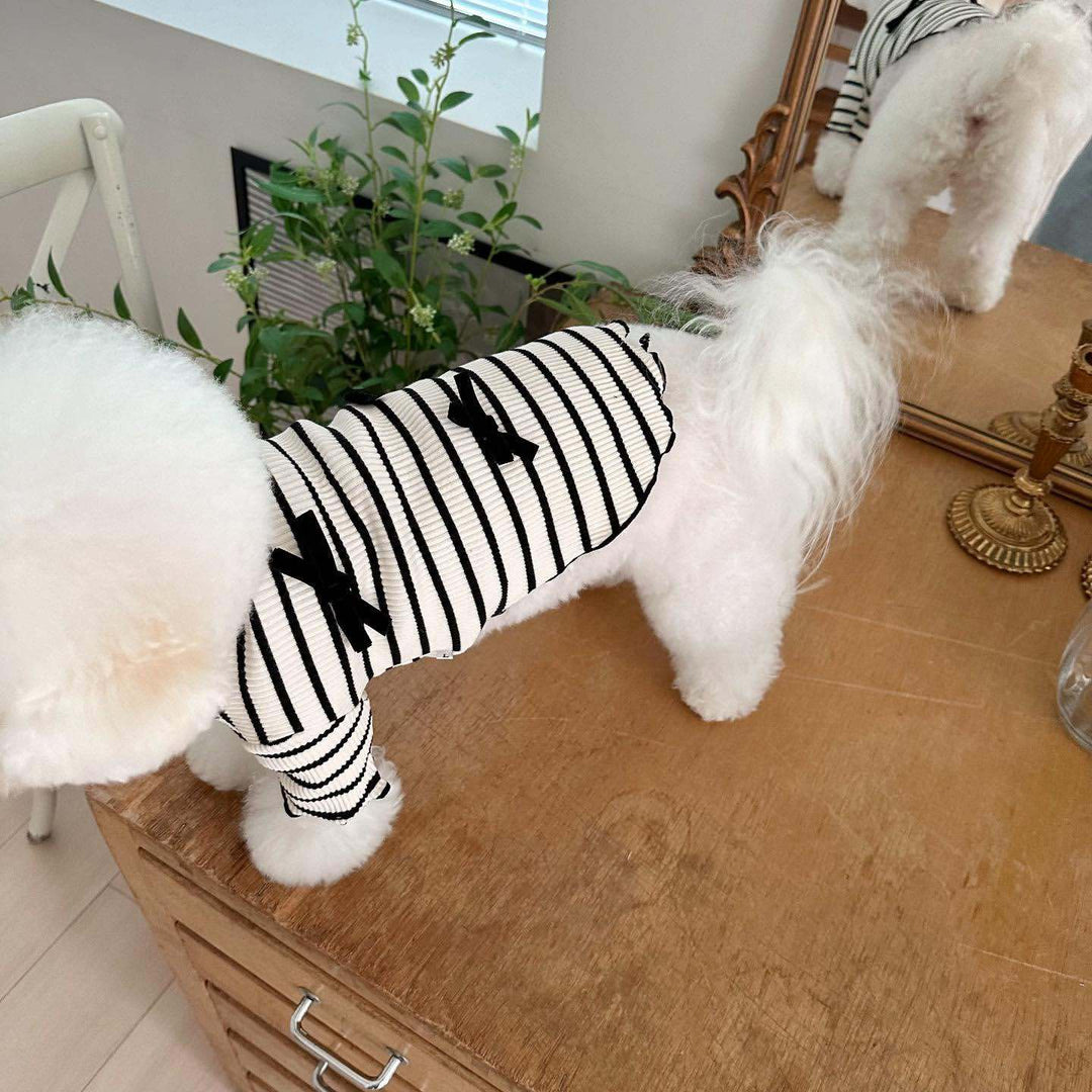 Ribbed Striped Knit Pet Dress with Ruffle Skirt &  Accent