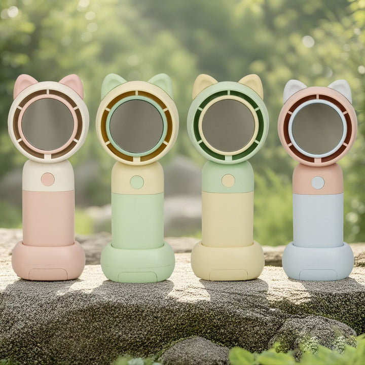 Cooling portable handheld bladeless fan with built-in mirror and rechargeable battery dock Kalsten