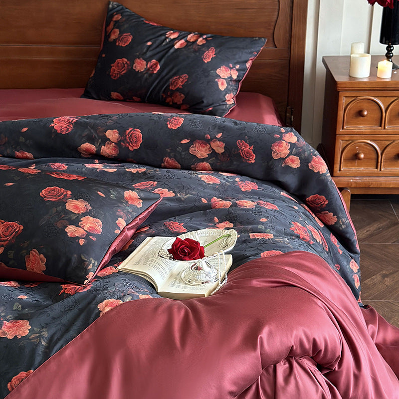 Luxurious satin bedding set with rose pattern and reversible cover