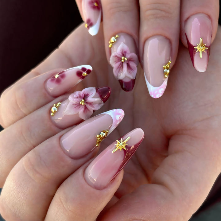 Artistic Floral and Gold Accent Press-On Nails Kalsten