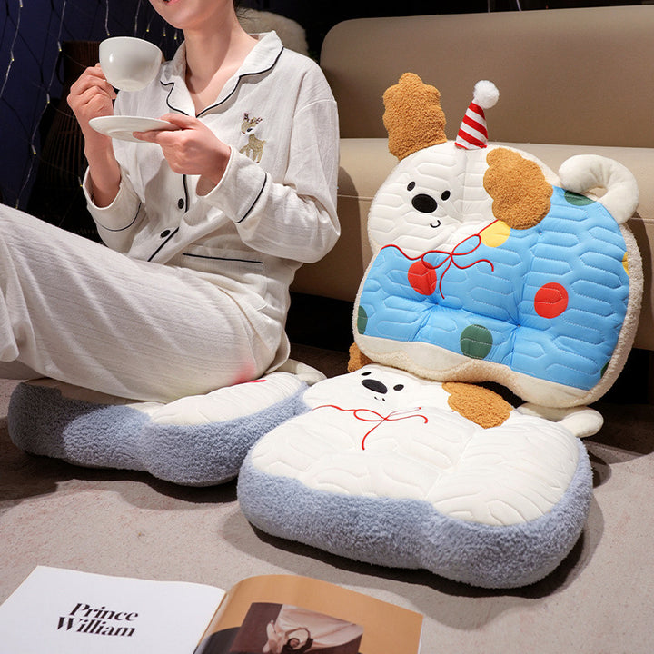Padded plush dog-shaped cushion with ergonomic seating recess