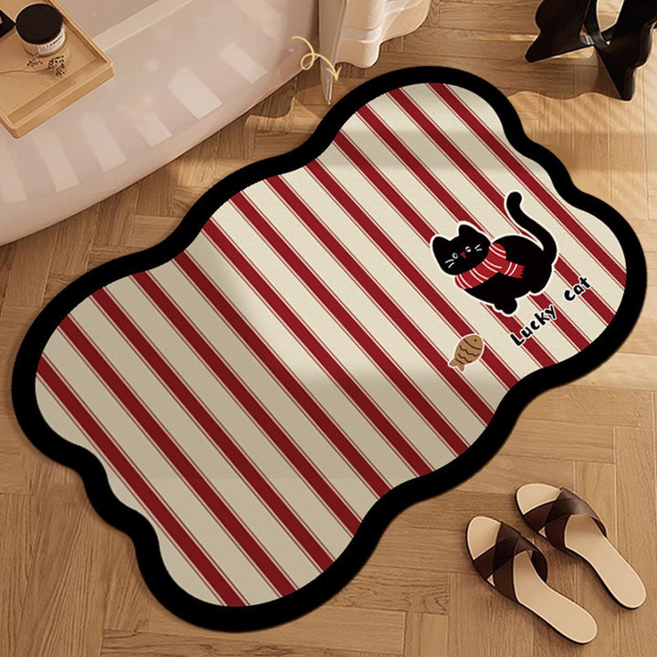 Decorative Scalloped Non-Slip Striped Bath Mat with Lucky Cat Print
