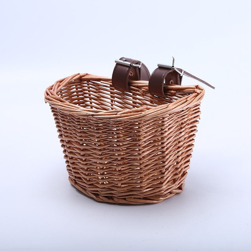 Unisex bicycle basket made of woven material with leather straps Kalsten