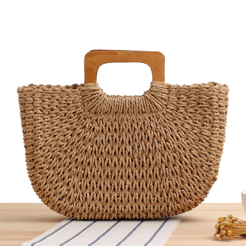 Handcrafted straw bag with wooden handle Kalsten