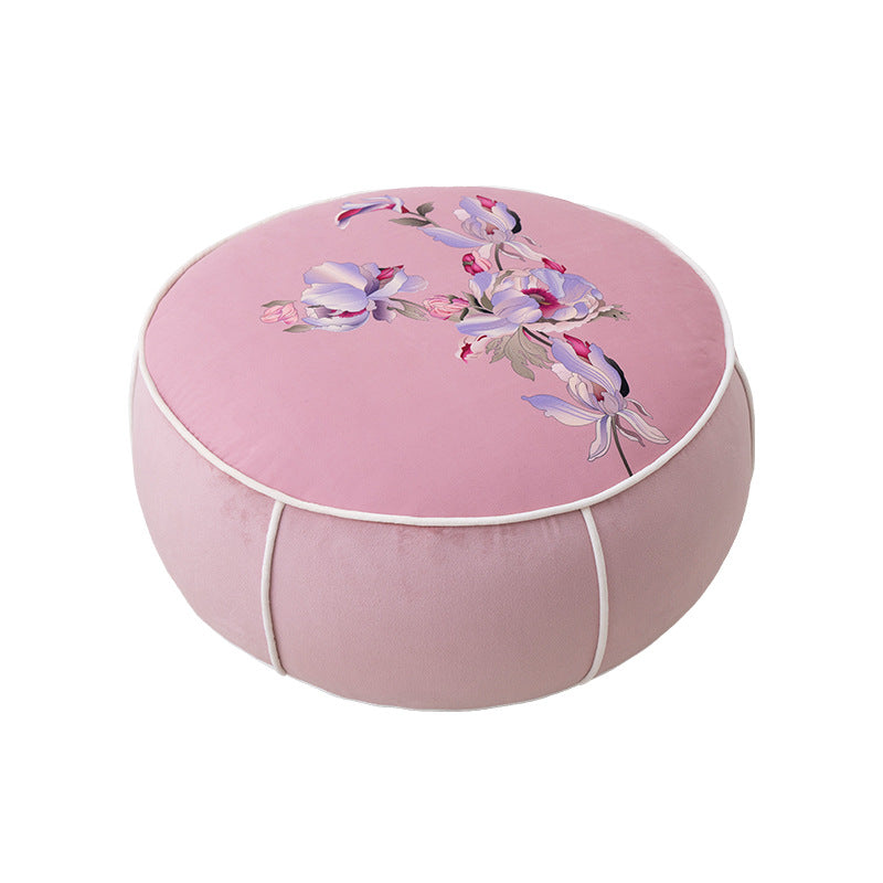 Beef meditation and seat pouf with orchid print and decorative piping
