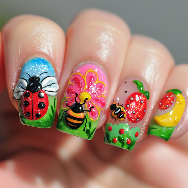 Artistic nail art with insect and flower motifs Kalsten