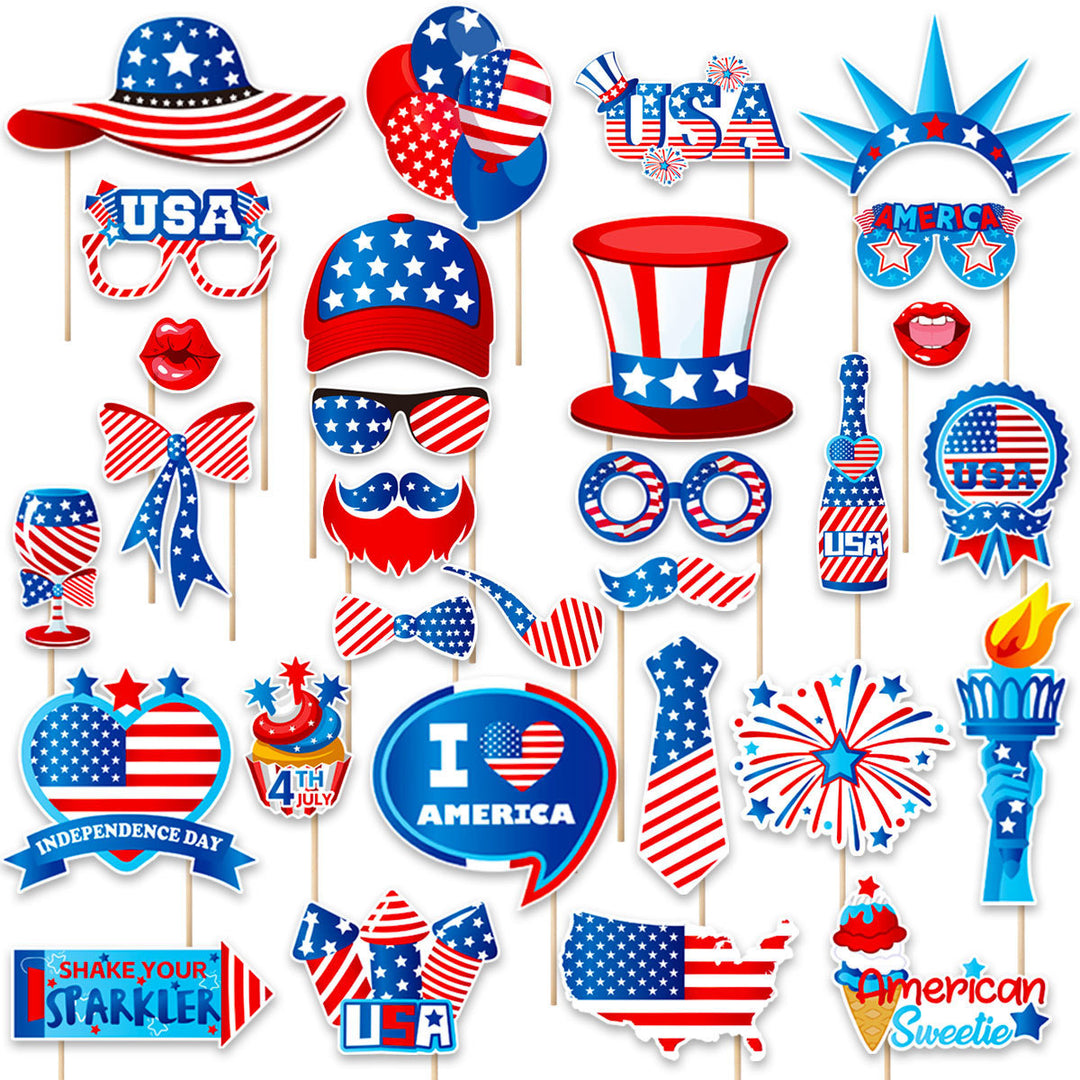 Independence Day Patriotic Photobooth Prop Sticker Kit with Wooden Sticks and Removable Adhesive Dots Kalsten