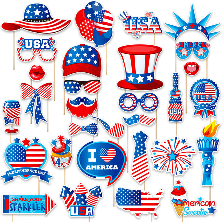 Independence Day Patriotic Photobooth Prop Sticker Kit with Wooden Sticks and Removable Adhesive Dots Kalsten