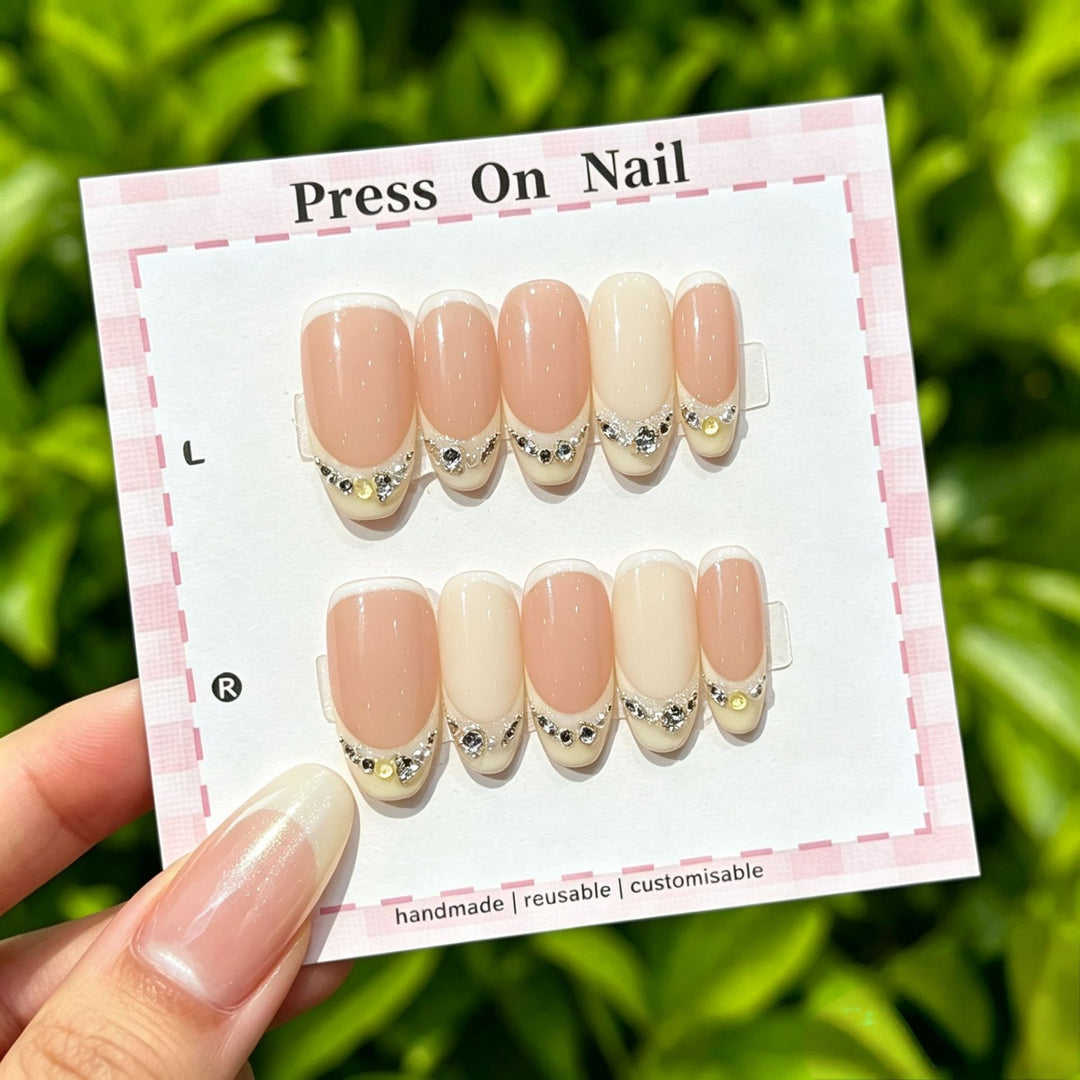 Artistic Press-On Nail Art Set with Cute Character and Bow Accents