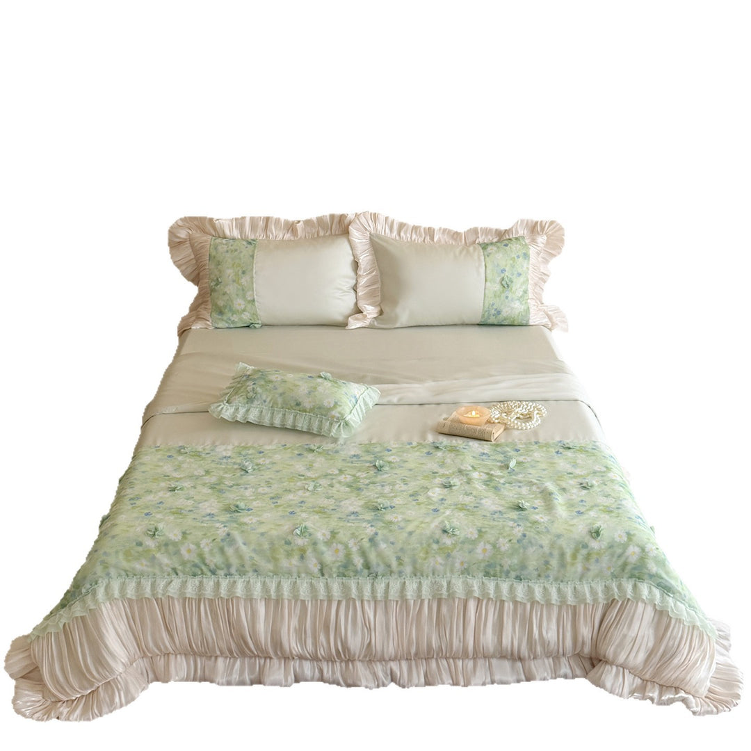 Bedding set with transparent chiffon overlay, 3D flower appliqués & ruffled edge