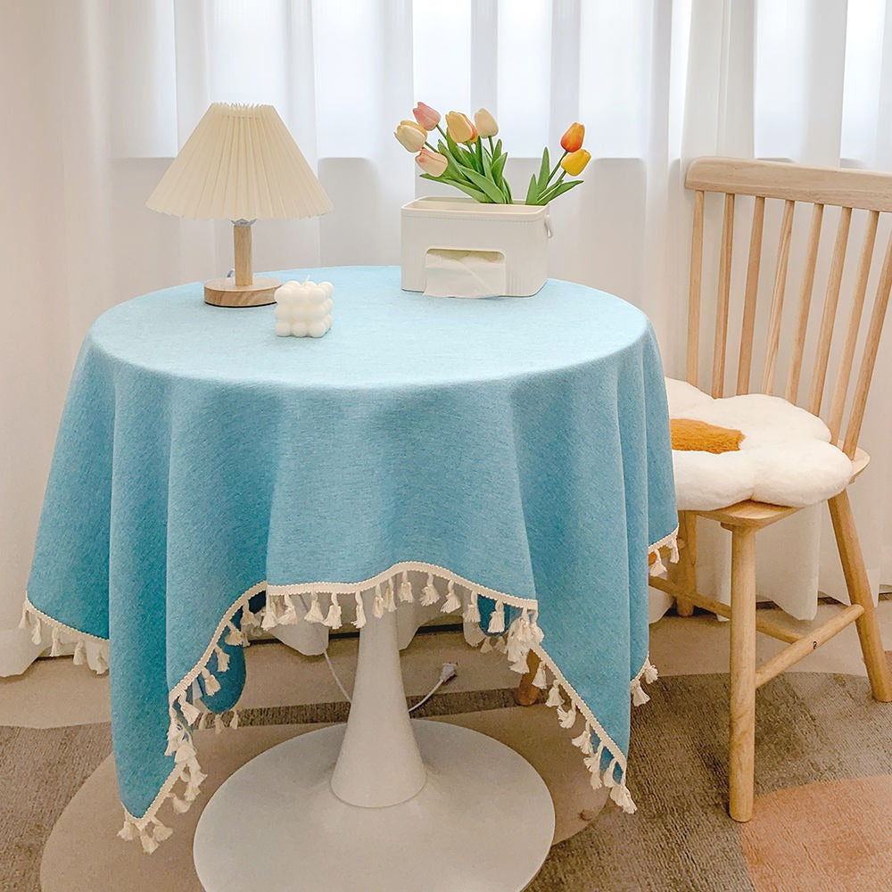 Round Textured Tassel-Trim Tablecloth with Linen-Feel Draped Finish