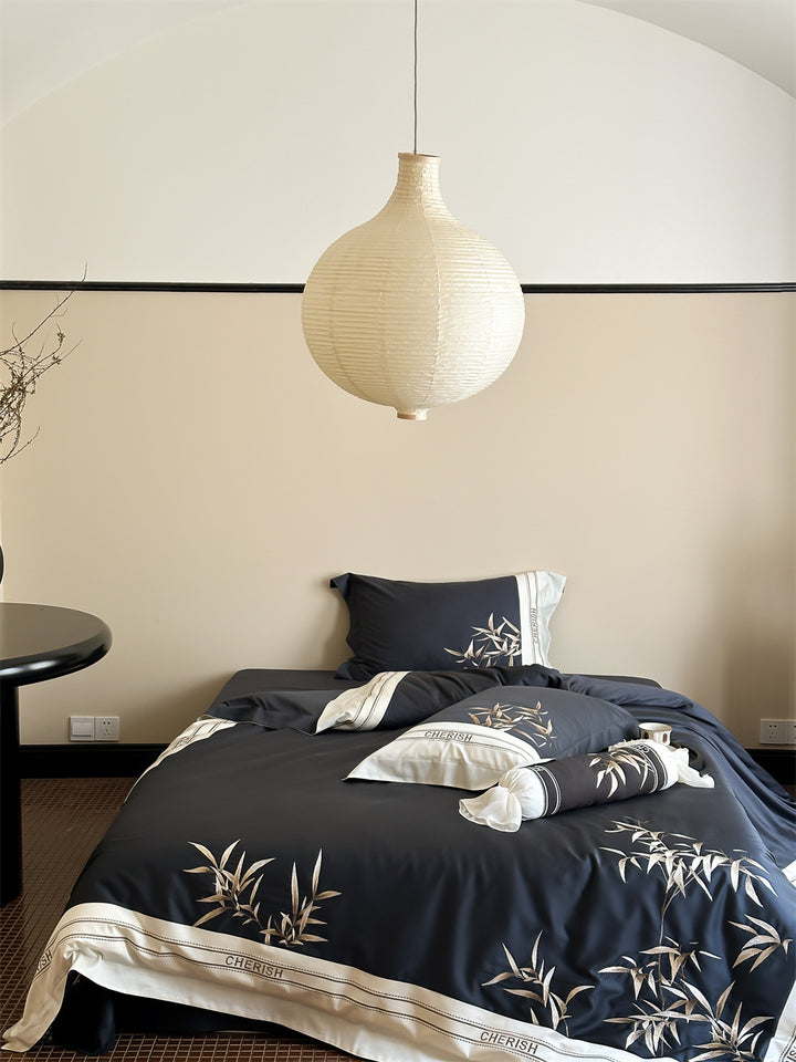 Duvet cover set made of cotton satin with embroidered bamboo motif, fine border & decorative roll cover