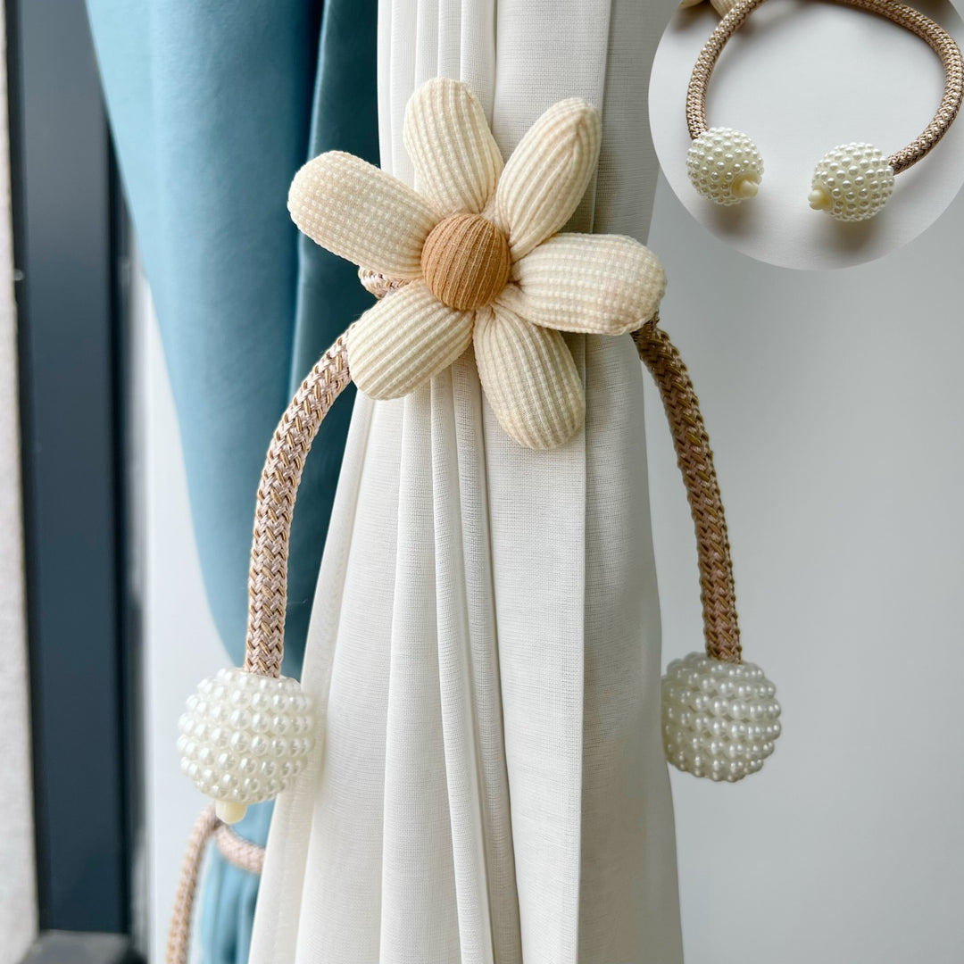 Decorative Fabric Flower Curtain Tieback with Braided Rope and Pearl Pom-Pom Weights