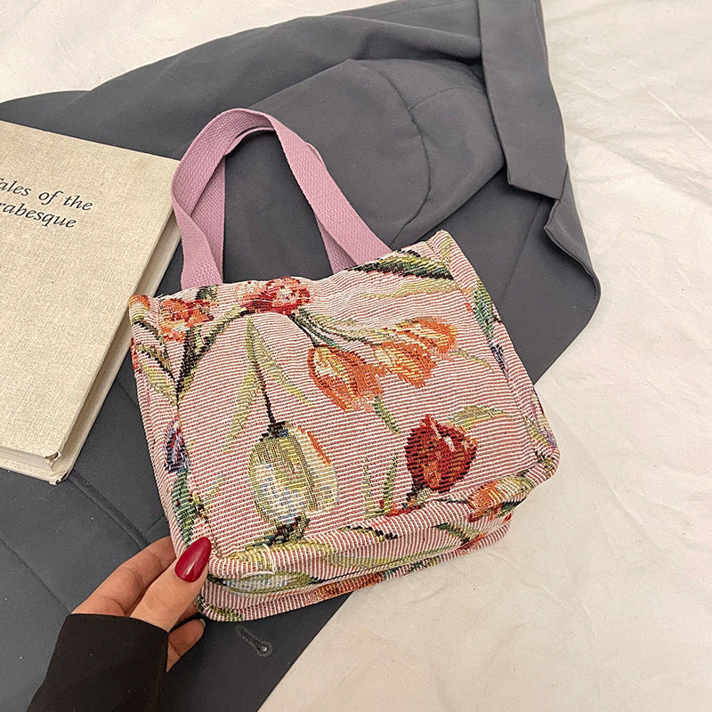Floral Embroidered Shoulder Tote Bag